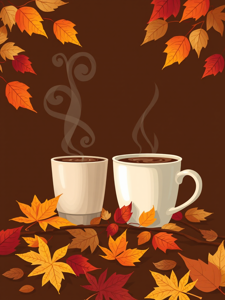 Create a cozy autumn-themed illustration with a steaming white coffee cup and a takeout coffee cup on a dark brown background surrounded by colorful falling leaves, using a DSLR camera with a 50mm lens, aperture f/1.8, ISO 100, soft natural lighting.