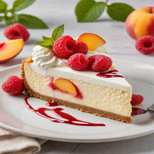 Generate a vibrant and delicious image of a slice of cheesecake topped with fresh peach slices, raspberries, and a swirl of whipped cream. The cheesecake should have a smooth and creamy texture, with a crumbly crust. Include a garnish of mint leaves for an added touch of freshness. The background should be softly blurred to emphasize the dessert.