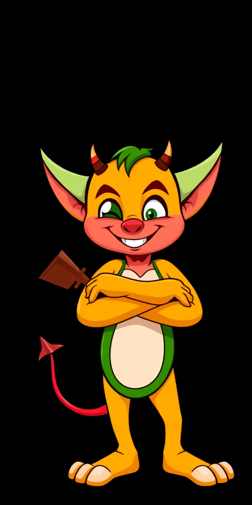 Create an image of a playful cartoon devil with distinct colors: red, yellow, white, and green, each with a cheeky smile and crossed arms, set against a solid black background, captured in high resolution with a DSLR camera, 50mm lens, f/1.8 aperture, ISO 100, and a shallow depth of field for enhanced vibrancy and clarity.