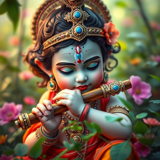 Generate a highly detailed digital artwork of a child deity playing the flute, surrounded by lush greenery and vibrant colors, soft focus background, camera settings: f/2.8, ISO 100, shutter speed 1/250s, camera view: close-up portrait, camera style: fantasy illustration, camera type: mirrorless.
