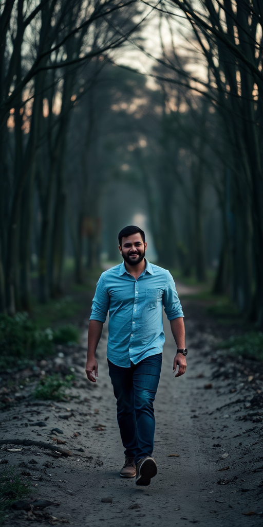 Portrait of a man walking down a dirt path surrounded by trees at dusk, natural light, depth of field, 50mm lens, f/2.8, ISO 200, shot with a DSLR in landscape orientation.