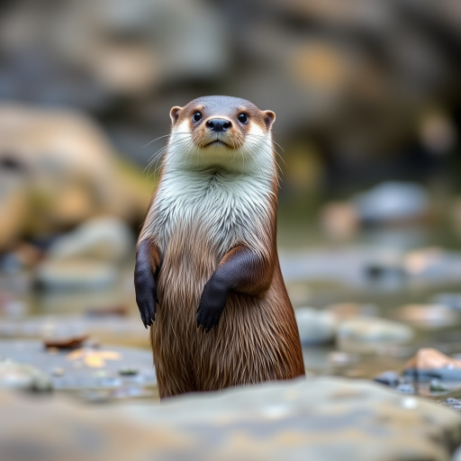Capture a high-resolution image of an otter standing upright in a natural habitat, using a DSLR camera with a 50mm lens, aperture set to f/2.8 for a shallow depth of field, shutter speed at 1/200s, ISO 400, at eye level to highlight the otter's features with a blurred background.
