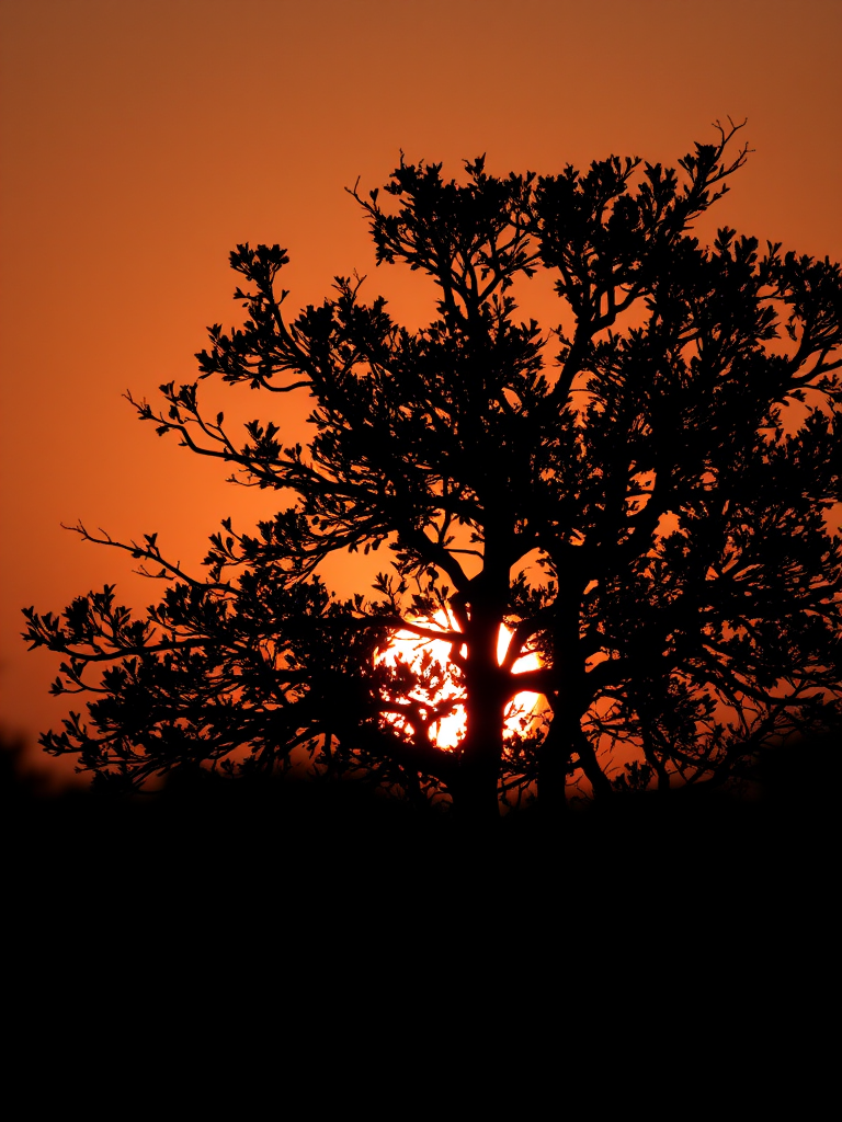 Generate an image of a silhouette of a tree against a sunset background with detailed textures and a soft glowing effect, captured with a DSLR camera at f/2.8, ISO 100, shutter speed 1/60s, in landscape orientation, using a golden hour filter for warm tones.