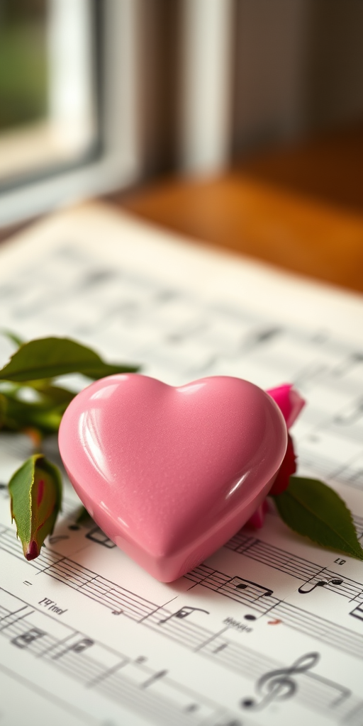 Capture a close-up of a pink heart-shaped object and a rose on sheet music, using a DSLR camera with a 50mm lens, aperture set to f/2.8 for a shallow depth of field, ISO 100 for high clarity, and soft natural lighting to enhance colors and textures, with a slight bokeh effect in the background.