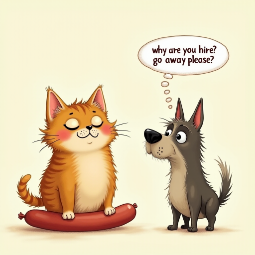 caricature of a silly whimsical fluffy cat with a mean look she has one foot on a sausage and is looking at an old scraggly big dog the cat has a thought bubble above her head that says “why are you here? go away please"
