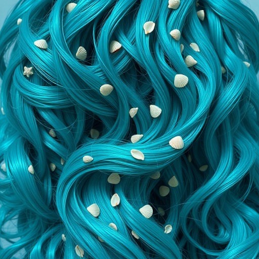 Vibrant teal mermaid waves cascade down to the waist, shimmering with iridescent highlights and adorned with tiny seashells, capturing the essence of the ocean's depths