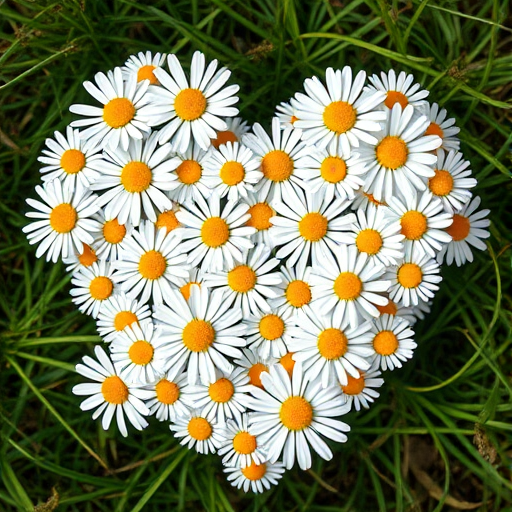Create an image of a heart shape made entirely of white daisies with yellow centers, shot with a Canon EOS R5, focal length 50mm, aperture f/2.8, and natural lighting, capturing a close-up view to enhance detail and vibrancy.