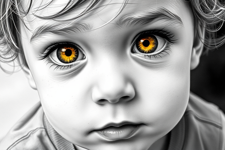 A hyperdetailed photorealistic black and white sketch of a beautiful toddler with deep Yellow eyes, with a macro focus