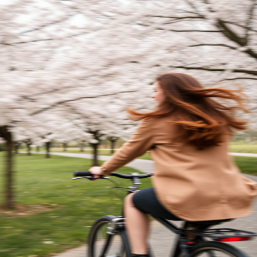 Blurry action shot of a woman riding a bicycle through a scenic park, her hair blowing in the wind, with blooming cherry blossom trees lining the path in soft focus.