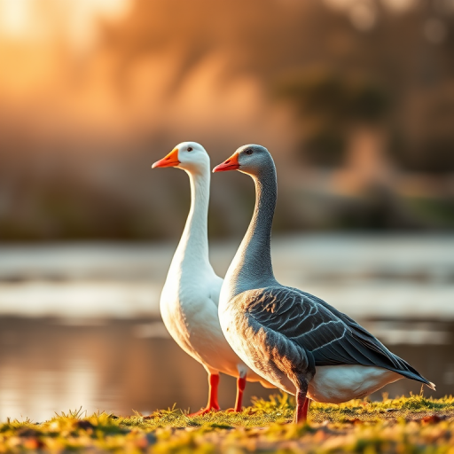A pair of geese standing by a tranquil pond, one white and the other grey, captured in golden hour lighting, shallow depth of field, DSLR camera, aperture f/2.8, ISO 100, 50mm lens, soft focus background.