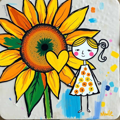 Stylized impressionism painting of a large sunflower with an oversized center and colorful petals. Beside, a young female character with eyes represented by dots and a mouth by a line, pink cheeks, hair attached, arms and legs a black line, flowery white dress triangle shape. A yellow heart surrounded by a black line between the two. Textured background with touches of colorful paint. Childish style.