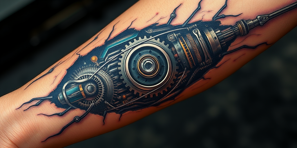 Surrealistic biomechanical tattoo on the arm revealing metallic gears and circuitry beneath torn skin with hyper-realistic details and a futuristic color palette