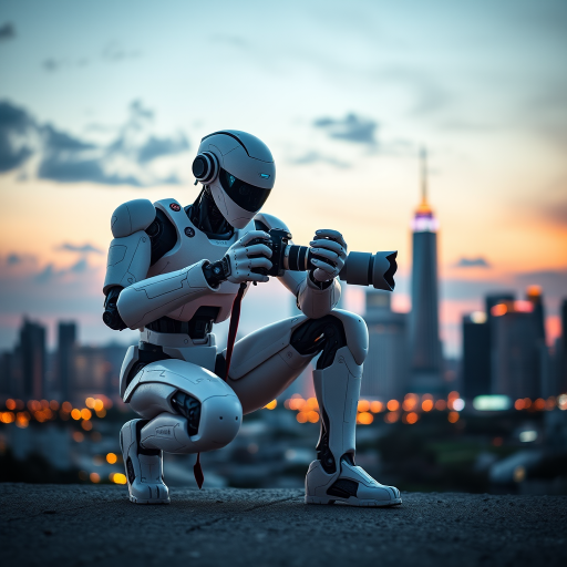 Create an image of a futuristic robot photographer crouching and holding a camera against a city skyline at dusk with a shallow depth of field, ISO 100, f/2.8, shutter speed 1/200s, using a DSLR camera with a wide-angle lens to enhance image quality.