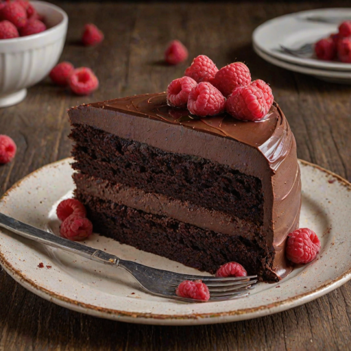 Create an image of a decadent slice of chocolate cake with three layers. The cake should have rich chocolate frosting, a vibrant raspberry filling between the layers, and be topped with a swirl of chocolate frosting and fresh raspberries. Place the cake slice on a rustic plate with a fork beside it, and include some raspberries scattered around the plate for added color. The background should be softly blurred to emphasize the cake.