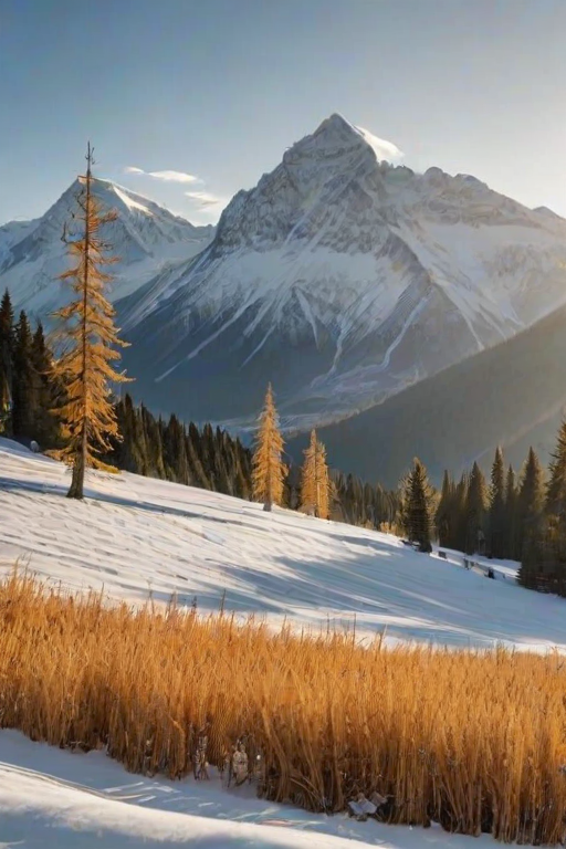 a serene winter landscape featuring golden larch trees in a snowy field with a mountain backdrop under bright sunlight