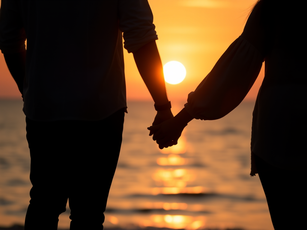 silhouette of a couple holding hands at sunset over the ocean, warm orange hues, shallow depth of field, f/2.8, ISO 100, 50mm lens, soft focus, backlighting, DSLR camera