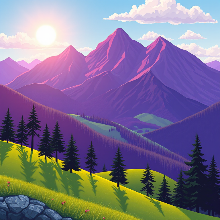 create a vibrant digital illustration of a scenic landscape featuring purple mountains, green hills, pine trees, a bright sun, and fluffy clouds using a Canon EOS 5D Mark IV camera with a 24mm lens at f/8, ISO 100, and a shallow depth of field to enhance image quality