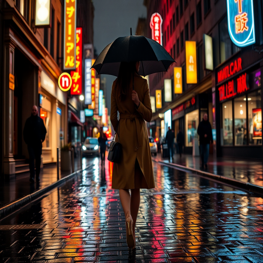 Rain-soaked city street at night, neon signs reflecting off the wet pavement, a woman in a trench coat walks briskly under her umbrella, her heels clicking softly on the cobblestones as she navigates the quiet, rain-soaked streets.