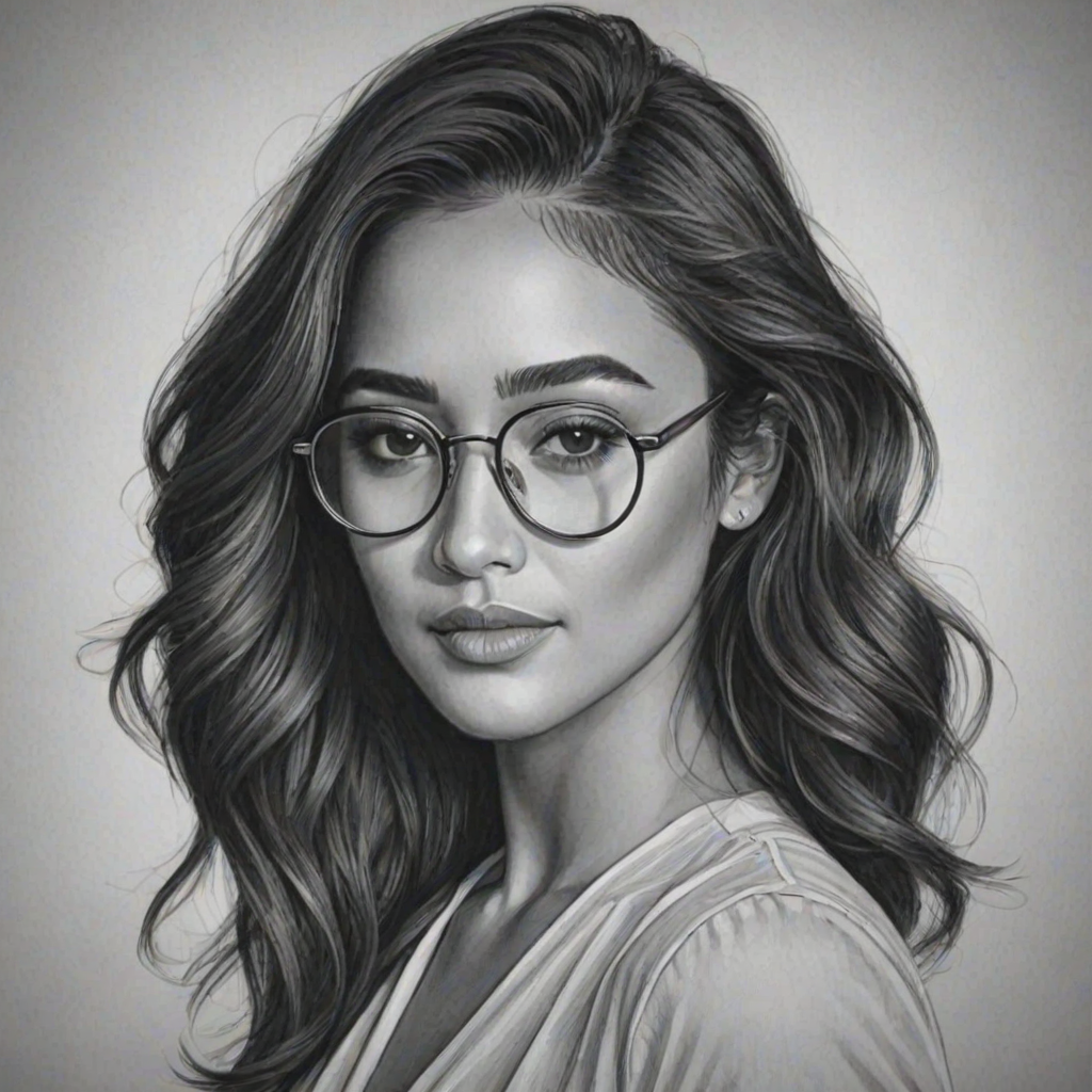 Ravishing Shay Mitchell, pencil sketch, portrait of Appealing woman 1932s in glasses, hair style beatnik, outline, clear lines, fine lines, 8k