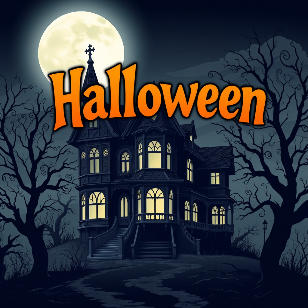 Create an illustration of a dark, Victorian-style haunted house set against a full moon. The house should be intricate, surrounded by twisted, barren trees, and evoke a spooky Halloween atmosphere. Above the house, include the word "Halloween" in a bold, orange gradient font. Use a ghostly, eerie style to bring the scene to life.
