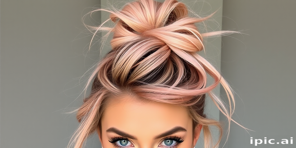 Trendy influencer showcasing a messy topknot with face-framing tendrils, featuring a rose gold base color with pastel pink highlights