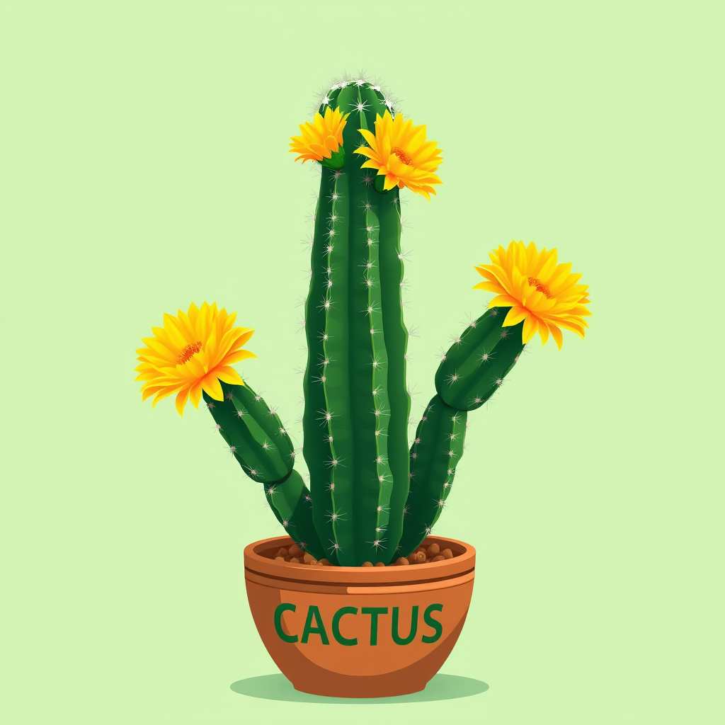 Create a vibrant digital illustration of a tall cactus with bright yellow flowers, placed in a round brown pot with the word "CACTUS" on it, set against a solid light green background, using a Canon EOS R camera, 50mm lens, f/2.8 aperture, shot in natural light for enhanced color saturation and detail.