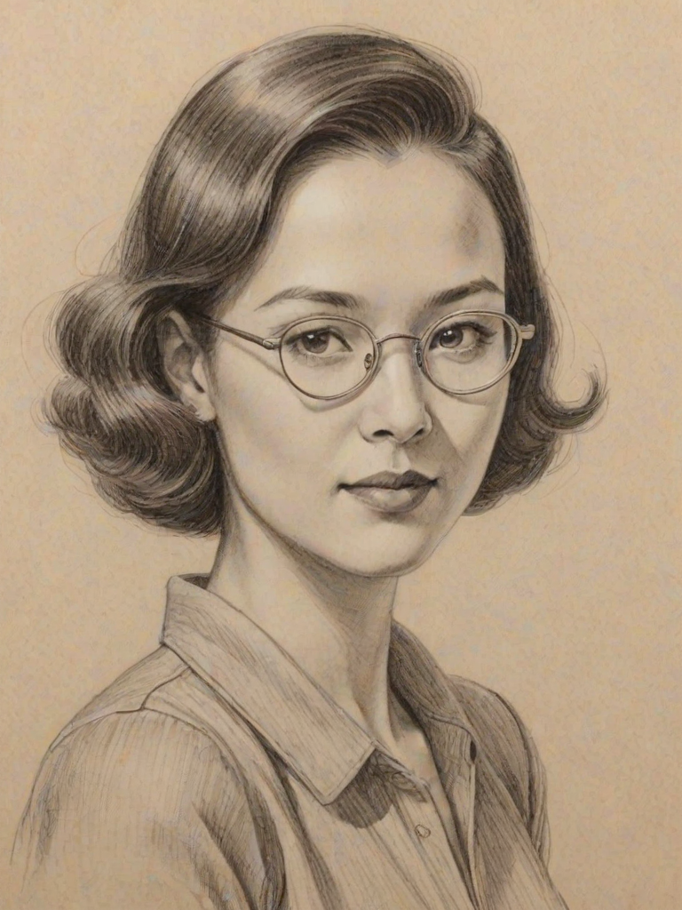 Comely Lynn Chen, pencil sketch, portrait of Pleasing woman 1930s in glasses, hair style beatnik, outline, clear lines, fine lines, 8k