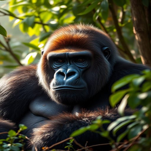 Create a highly detailed portrait of a large, majestic creature resembling a gorilla, resting in a dense, lush forest environment, with soft, dappled sunlight filtering through the trees, using a Canon EOS R5 with an 85mm lens at f/1.4, ISO 100, and a shutter speed of 1/200 seconds for enhanced image clarity and depth of field.