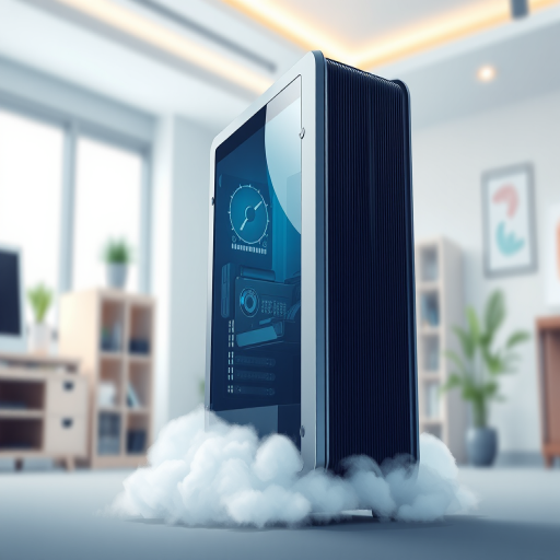 Create a high-resolution digital illustration of a computer tower in a modern style, with a soft cloud near the base, captured with a DSLR camera at f/2.8, ISO 100, 50mm lens, in a well-lit indoor setting with a slightly blurred background for depth.