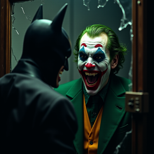 Merging elements of Batman and The Joker, this character portrays an evil, maniacal laughter, a sinister grin, and piercing eyes, accompanied by inhumanly sharp fangs. In a half-body portrait, Batman appears maniacal, gazing into a shattered mirror, his image rendered in Todd Phillips' unique style. The scene exudes an atmosphere of darkness, horror, and intense drama, with dramatic lighting and high-quality, hyper-realistic visuals. Inspired by the style of illusory wallpaper portraits, the image showcases colorful realism, exceptional attention to detail, and intricate hidden elements. The UHD, 8K resolution delivers a stunning image, combining realism and vibrant colors for an immersive, intense experience.