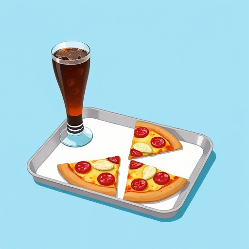 create a vibrant illustration of a tray with two slices of pizza topped with pepperoni and cheese next to a tall glass of cola on a plain pastel blue background, shot with a DSLR camera at f/4 aperture, 50mm lens, ISO 100, and a soft focus style for enhanced quality