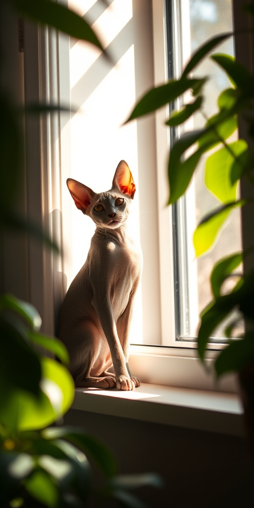 A dynamic medium shot capturing a playful sphinx cat perched on a windowsill, basking in the warm sunlight, its ears perked up, surrounded by leafy indoor plants that cast gentle shadows
