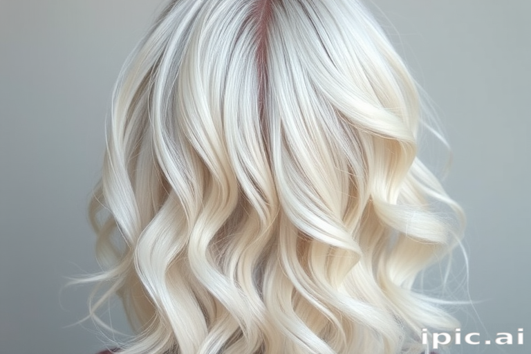 Ethereal waist-length white-blonde waves with a center part, showcasing a subtle silver sheen and baby hairs artfully styled, evoking an angelic appearance