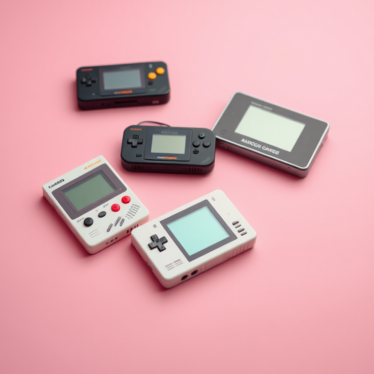 Retro handheld gaming consoles on a pink background, soft lighting, ISO 100, aperture f/2.8, shutter speed 1/60s, shot from a 45-degree angle with a prime lens on a DSLR camera.