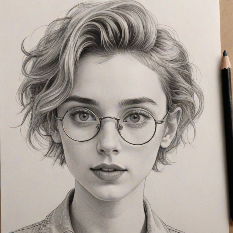 Delightful Troye Sivan, pencil sketch, portrait of Gorgeous woman 1952s in glasses, hair style beatnik, outline, clear lines, fine lines, 8k