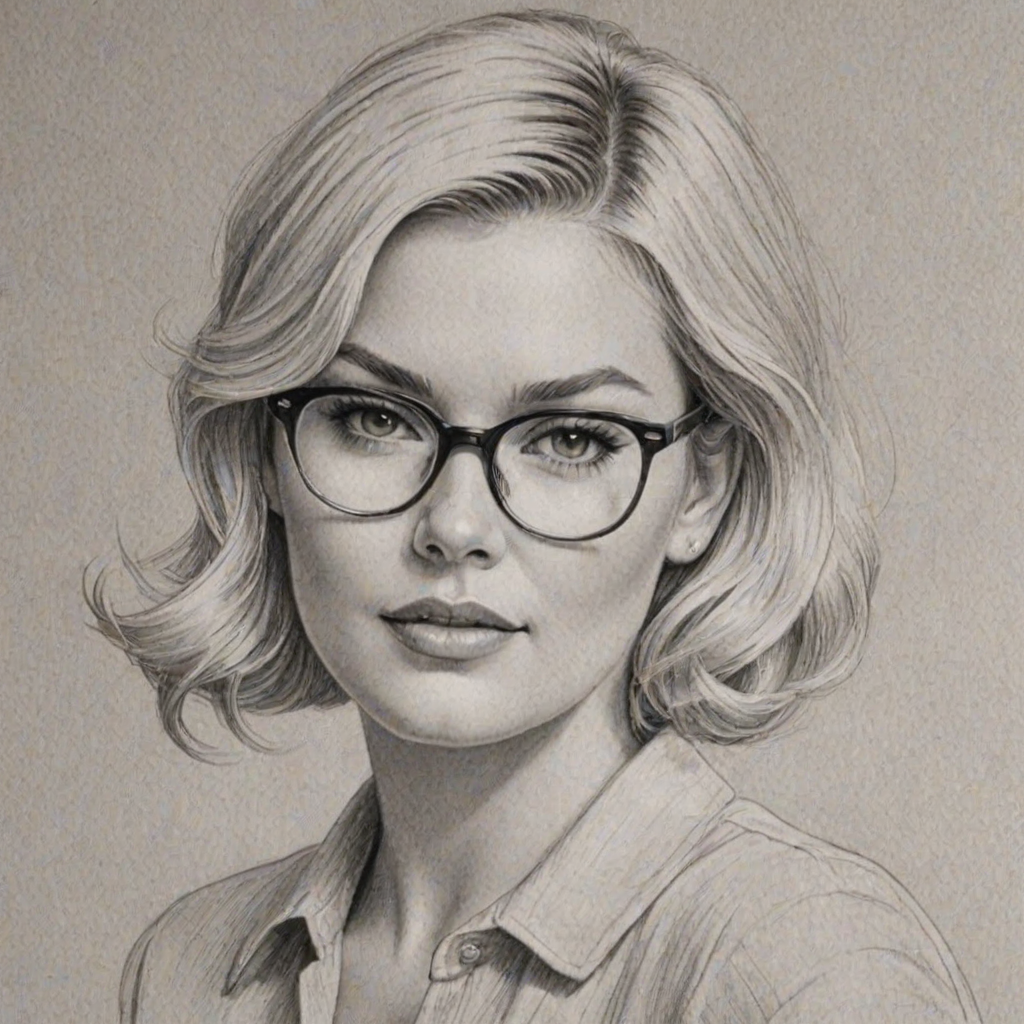 Gorgeous Elisha Cuthbert, pencil sketch, portrait of Captivating woman 1950s in glasses, hair style beatnik, outline, clear lines, fine lines, 8k