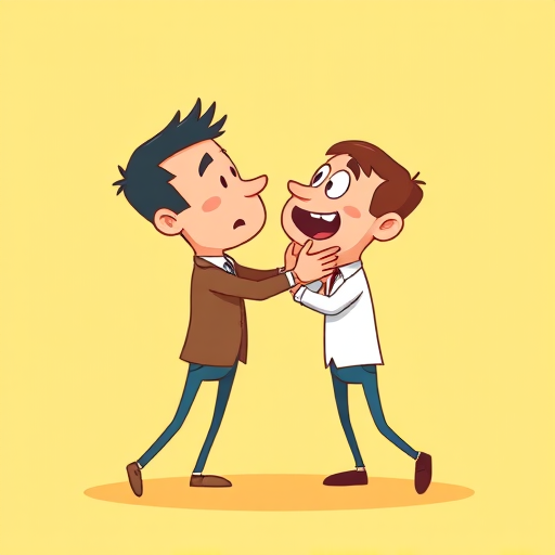 Generate an illustration of a cartoonish confrontation between two stylized characters, with one character lifting another by the collar, in a minimalistic and vibrant style, using a soft yellow gradient background, captured in a high-resolution vector format with a 50mm lens, f/2.8 aperture, and at a medium depth of field.