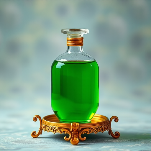 Create an artistic illustration of a magical potion bottle with a vibrant green liquid, set on an ornate golden stand, shot in high resolution using a DSLR camera at f/2.8 with a 50mm lens, natural side lighting for enhanced colors, in a soft-focus view for depth.