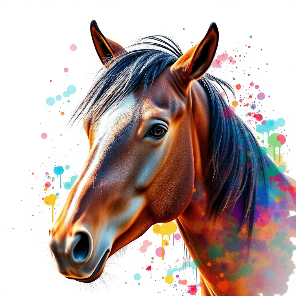 high-resolution watercolor portrait of a horse with colorful splashes, natural light, aperture f/8, shutter speed 1/250s, ISO 100, portrait view, DSLR camera, vibrant colors, soft focus background