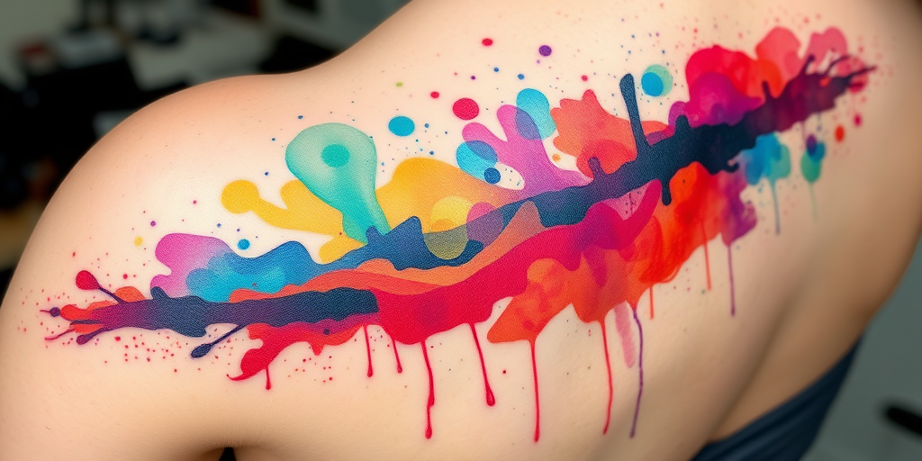 Whimsical watercolor splatter tattoo named "Technicolor Dreamscape" featuring an explosion of vibrant, translucent colors that blend and overlap to create a dreamlike abstract landscape, with delicate splatters and drips adding texture and movement to the design, resulting in a unique and eye-catching piece that resembles a wearable work of modern art