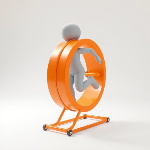 Create a high-resolution 3D render of a light gray humanoid figure running in an orange exercise wheel, captured with a Canon EOS 5D Mark IV using a 50mm f/1.8 lens at f/8, ISO 100, in a well-lit studio with a soft white background and a slight perspective angle.