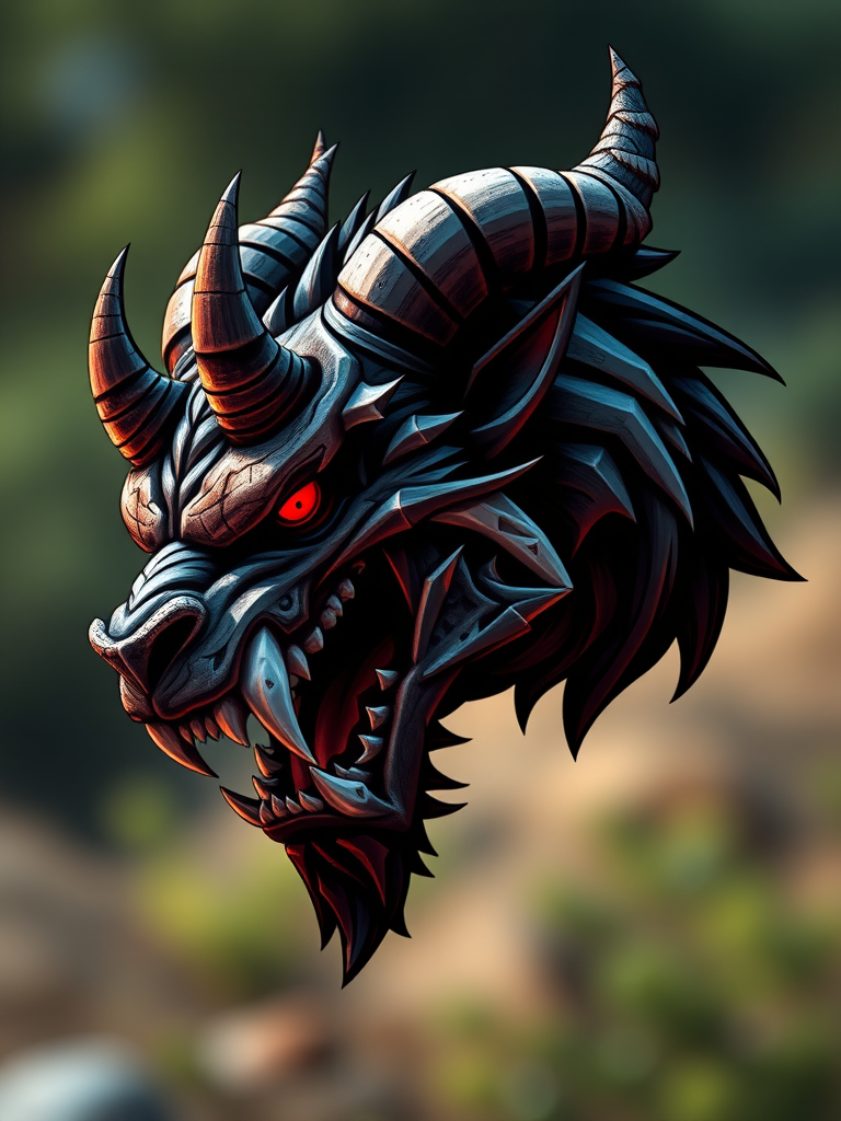Regenerate the image of a fierce, stylized creature head with sharp teeth and horns, side profile view, using a digital art style with high contrast colors and intricate details, set with a Canon EOS 5D Mark IV, f/2.8, ISO 100, 50mm lens, natural lighting to enhance clarity and saturation.