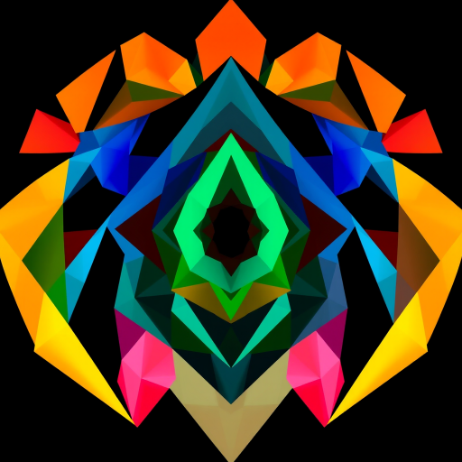 regenerate an abstract geometric artwork with vibrant colors including blue, orange, green, red, pink, and yellow, featuring sharp, defined shapes against a black background, shot with a Canon EOS R5, 35mm lens, f/8 aperture, ISO 100, 1/250 sec shutter speed, high dynamic range, front view, digital art style