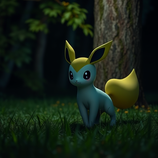 no humans, solo, pokemon (creature), no humans, animal focus, mimikyu, full body, standing, outdoors, grass, black eyes, tree, nature, forest, night