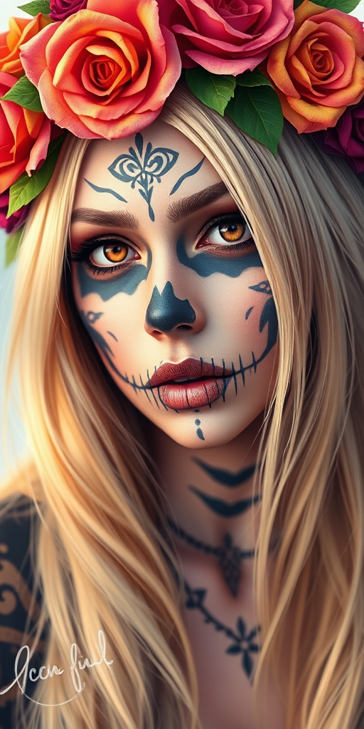 Create a vivid digital illustration of a woman with long blonde hair, wearing a colorful flower crown of roses, skull makeup, and striking brown eyes, shot with a DSLR camera at f/2.8, ISO 100, 50mm lens, in portrait mode, with a soft focus background to enhance the subject's features.