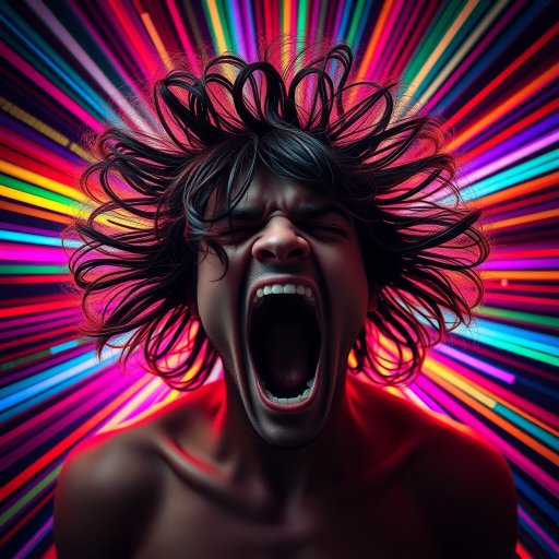 Create an artwork of a person with wild, frizzy hair screaming, surrounded by vibrant colored rays radiating from behind, using a Canon EOS R5 with an aperture of f/2.8, ISO 100, 24mm lens, in a high-contrast style.