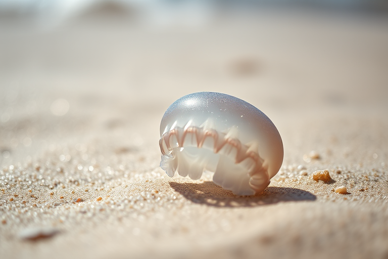 Capture a close-up of a jellyfish on a sandy beach, with shallow depth of field, ISO 200, aperture f/2.8, shutter speed 1/200s, natural sunlight, using a DSLR camera with a macro lens.