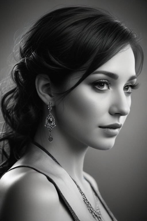 Elegant Portrait of a Woman in Black and White with Stunning Jewelry