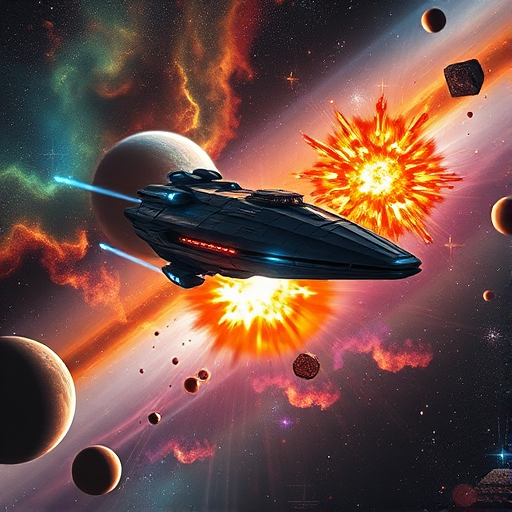 Regenerate a high-resolution cosmic scene featuring a large spaceship navigating through a vibrant space environment with planets, explosions, and various celestial elements, captured with a DSLR camera, 24mm lens, f/2.8 aperture, ISO 100, and a long exposure to enhance star trails and details in the nebula background.