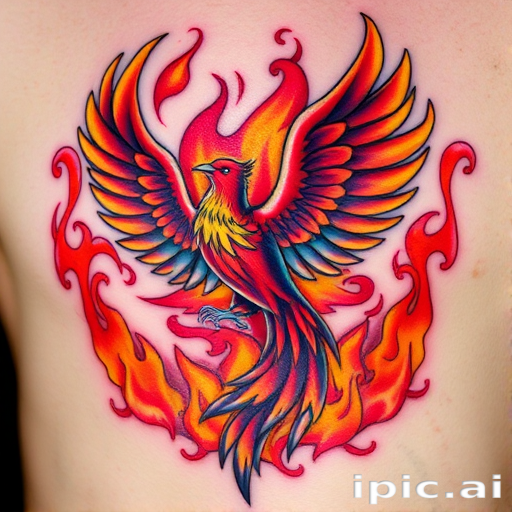 Powerful "Phoenix Rising" tattoo depicts a majestic firebird emerging from vibrant flames. Rich reds, oranges, and golds create a sense of heat and rebirth, while touches of turquoise and purple add depth and interest. Intricate feather details and swirling smoke effects showcase the artist's skill in creating a dynamic and symbolic piece.